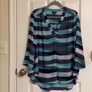 a.n.a. Aquamarine Striped V-neck Blouse Hi Lo Hem